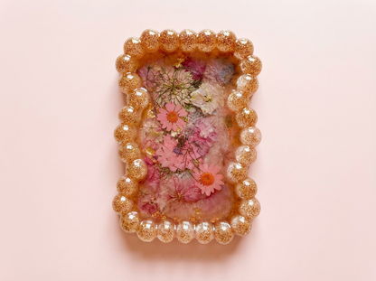 Beaded Edge Resin Jewelry Tray with Pressed Flowers - Pink & Gold