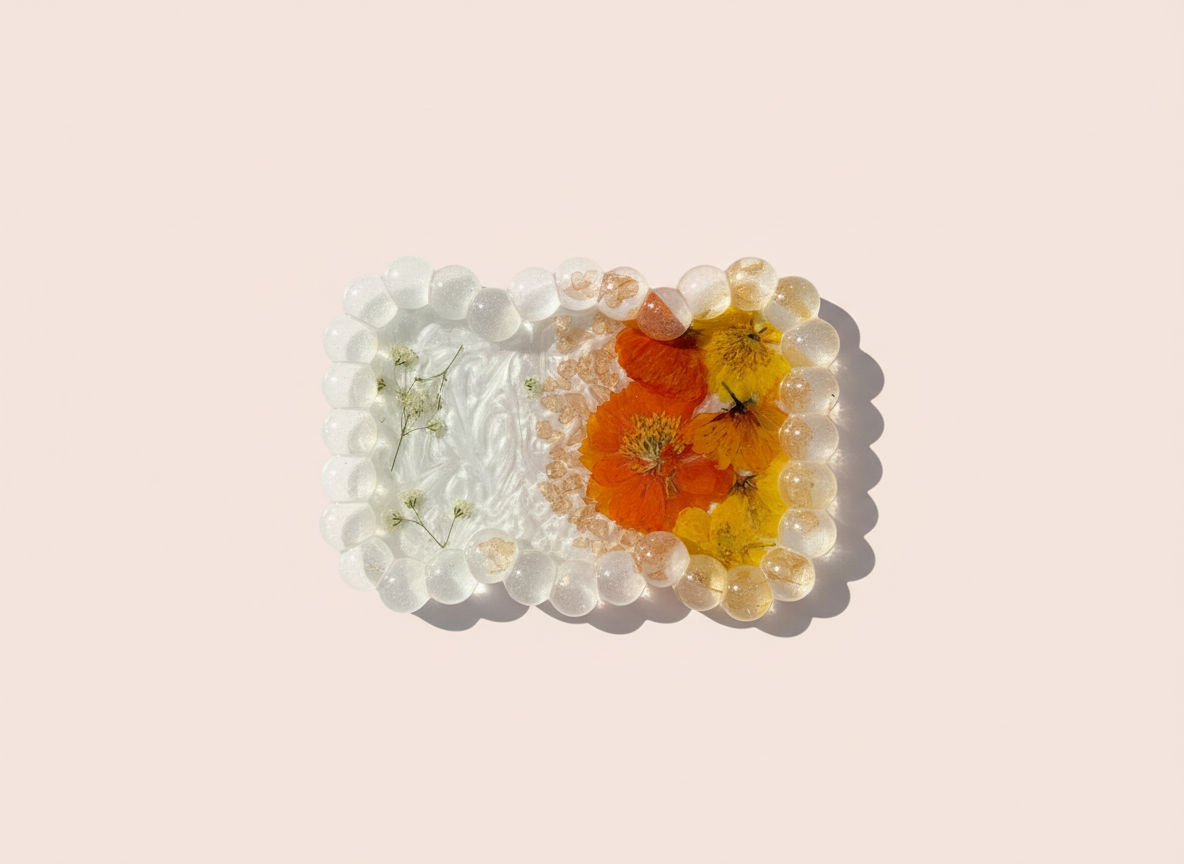 Beaded Edge Resin Jewelry Tray with Pressed Flowers - Sunny Tray