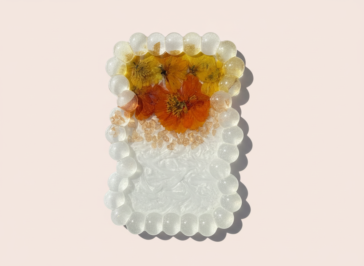 Beaded Edge Resin Jewelry Tray with Pressed Flowers - Sunny Tray