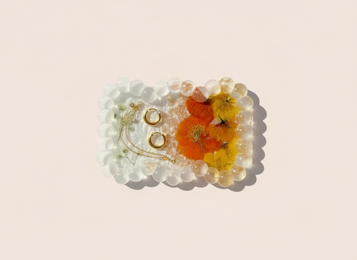 Beaded Edge Resin Jewelry Tray with Pressed Flowers - Sunny Tray