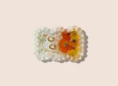 Beaded Edge Resin Jewelry Tray with Pressed Flowers - Sunny Tray