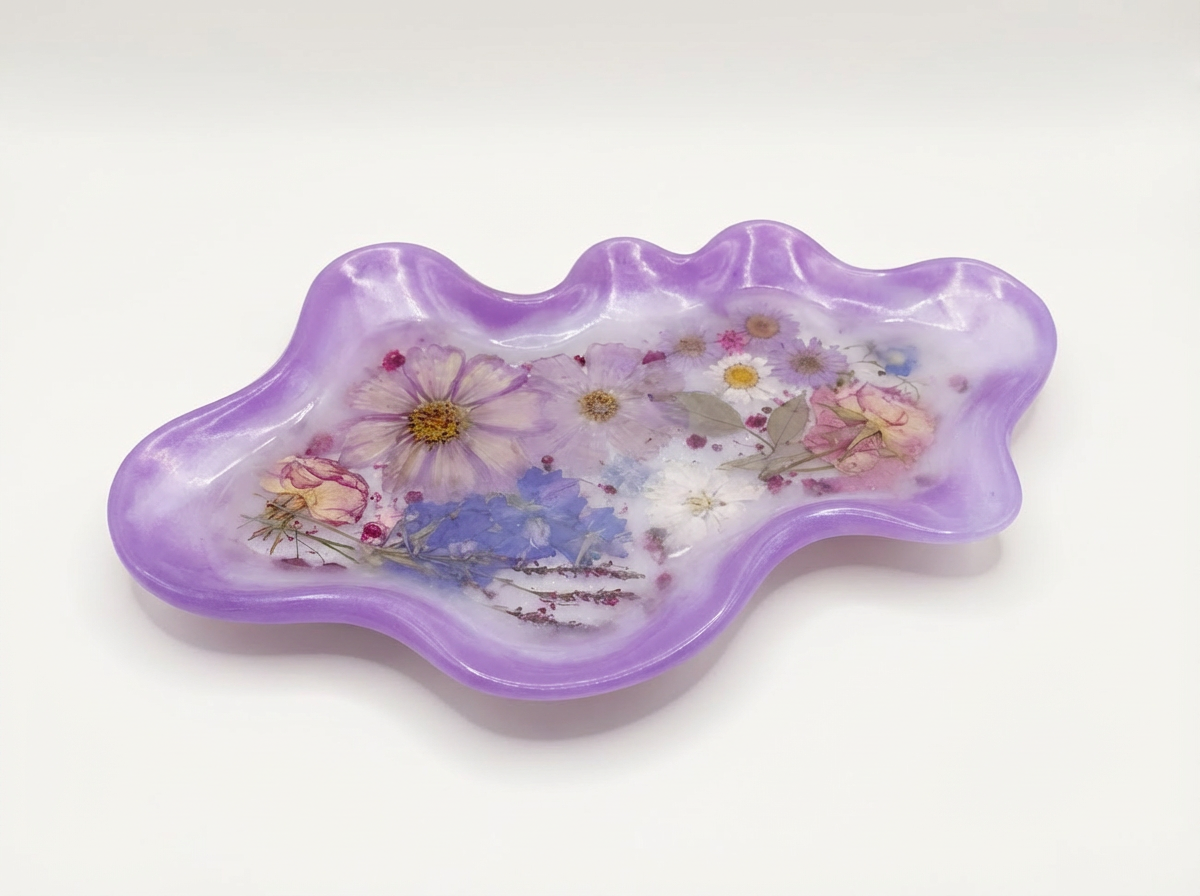 Wavy Pressed Flower Resin Jewelry Tray – Purple Wildflowers