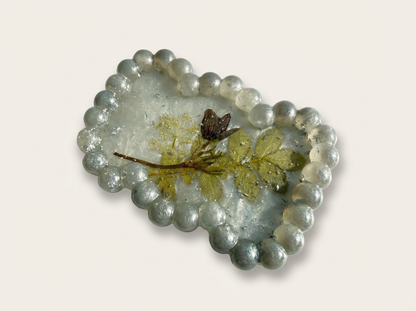 Beaded Edge Resin Jewelry Tray with Pressed Flowers - Silver