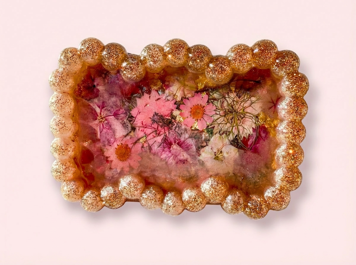 Beaded Edge Resin Jewelry Tray with Pressed Flowers - Pink & Gold