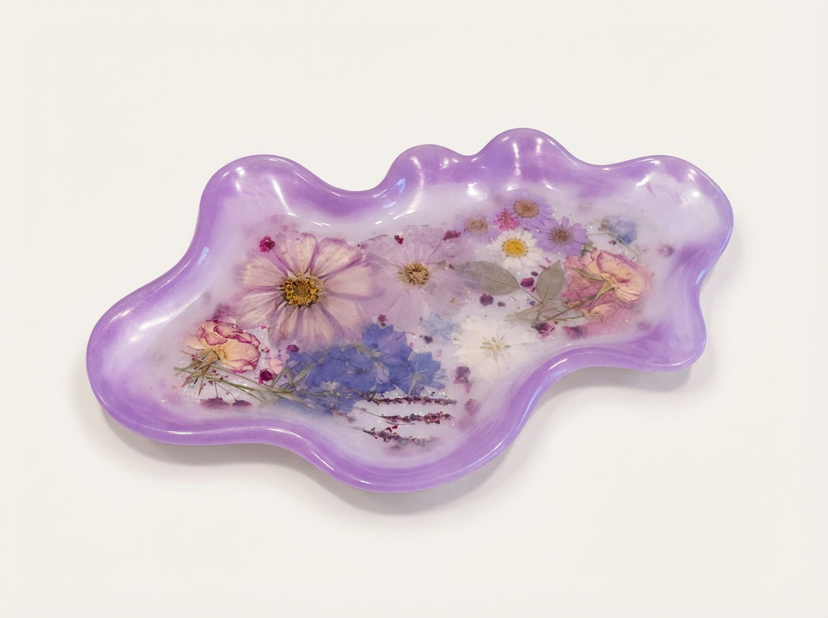 Wavy Pressed Flower Resin Jewelry Tray – Purple Wildflowers