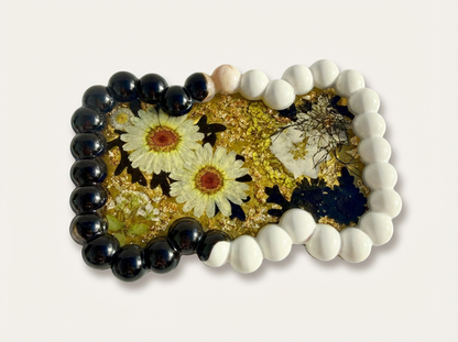 Beaded Edge Resin Jewelry Tray with Pressed Flowers - Black + Gold