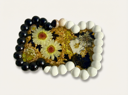 Beaded Edge Resin Jewelry Tray with Pressed Flowers - Black + Gold