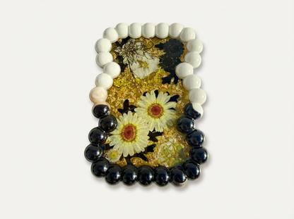 Beaded Edge Resin Jewelry Tray with Pressed Flowers - Black + Gold