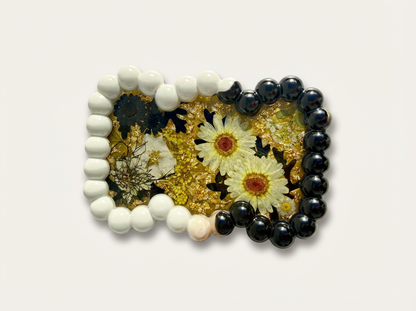 Beaded Edge Resin Jewelry Tray with Pressed Flowers - Black + Gold