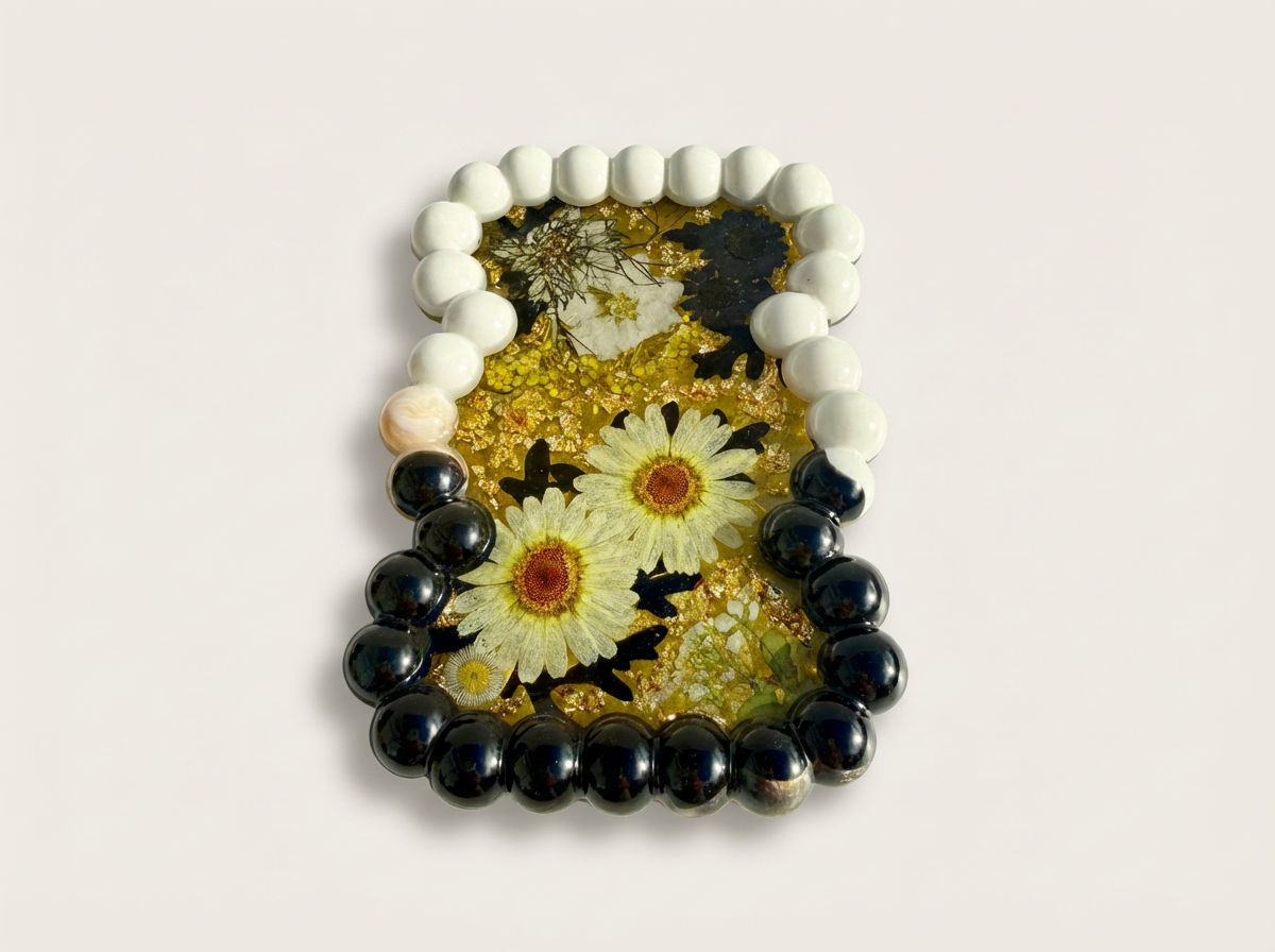 Beaded Edge Resin Jewelry Tray with Pressed Flowers - Black + Gold