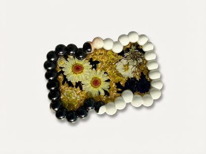Beaded Edge Resin Jewelry Tray with Pressed Flowers - Black + Gold