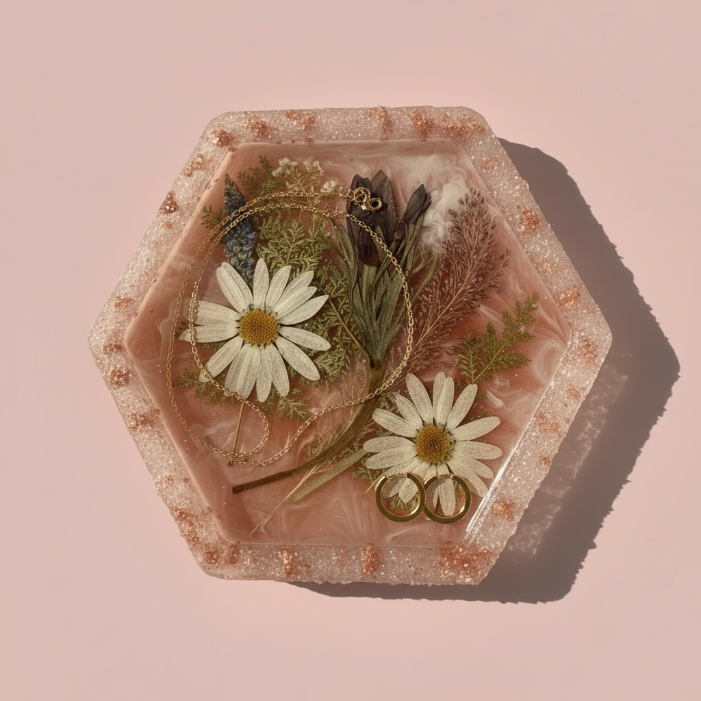 Hexagon Pressed Flower Catchall Tray | Wild Daisy Garden