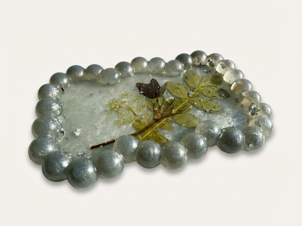 Beaded Edge Resin Jewelry Tray with Pressed Flowers - Silver