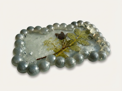 Beaded Edge Resin Jewelry Tray with Pressed Flowers - Silver