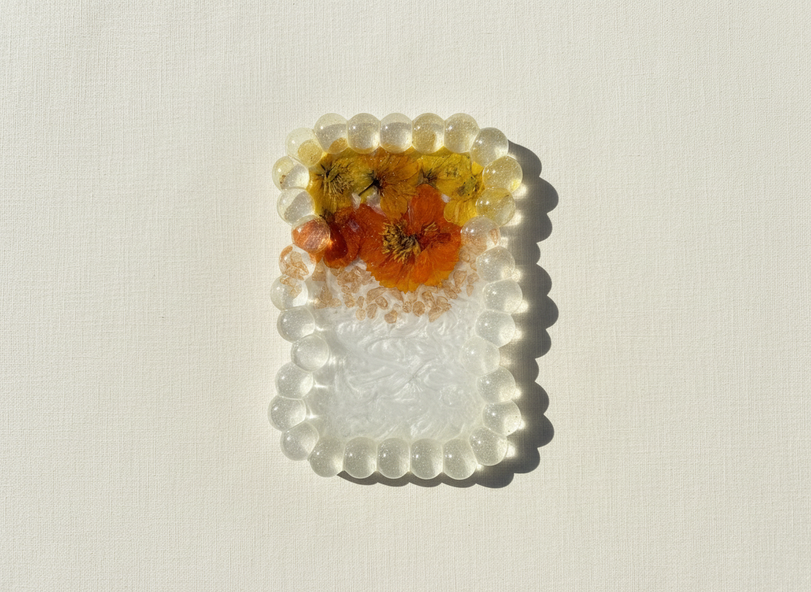 Beaded Edge Resin Jewelry Tray with Pressed Flowers - Sunny Tray